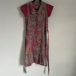 Bombay Paisley Dress Linen/Cotton Blend w Pink Flowers & Birds Button Front Sz L